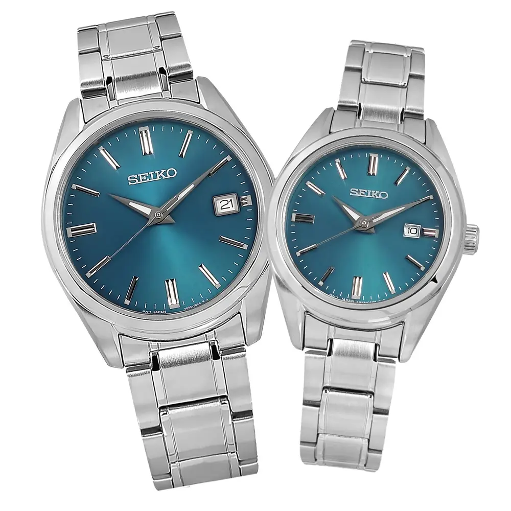 SEIKO】 / 簡約風格日期防水不鏽鋼手錶情人對錶湖水藍色40mm+30mm 小樹購