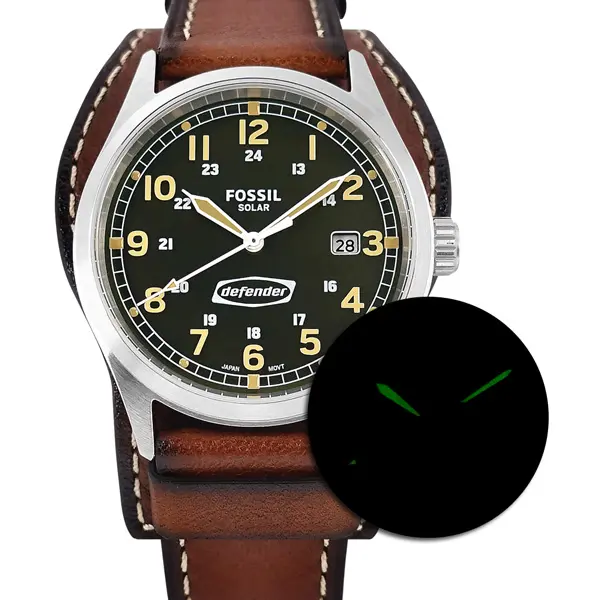 FOSSIL】FS5974 / Defender 太陽能復古風格日期防水100米真皮手錶墨綠x