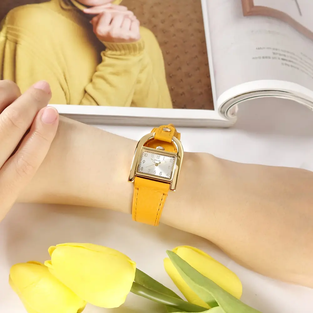 FOSSIL】ES5281 / Harwell 復古方型優雅數字刻度真皮手錶白x金框x黃