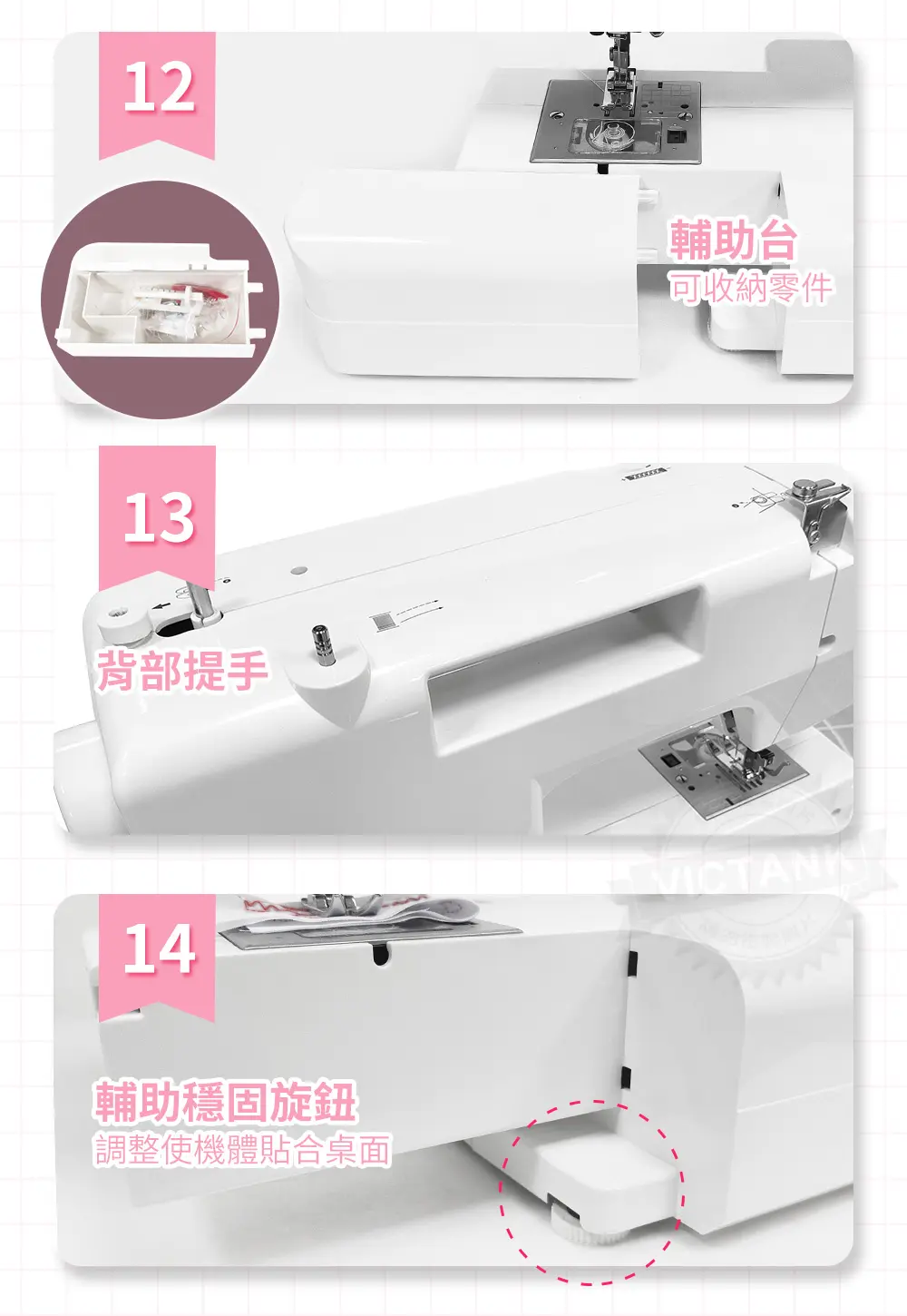 12輔助台可收納零件13背部提手14輔助穩固旋鈕調整使機體貼合桌面VICTANK