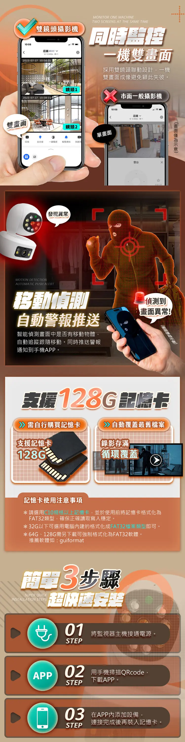 雙鏡頭攝影機0:08店舖  102-07-17 10:08:01MONITOR ONE MACHINETWO SCREENS AT THE SAME TIME同時一機雙採用雙鏡頭聯動設計一機雙成像避免顧此失彼2023-07-17 10:08:01N雙畫面鏡頭1鏡頭2單畫面白光 發現異常MOTION DETECTIONAUTOMATIC PUSH ALERT移動偵測10:08市面一般攝影機 店舗 1畫面自動警報推送智能偵測畫面中是否有移動物體自動追蹤跟隨移動。同時推送警報通知到手機APP。4偵測到畫面異常!畫面支援128G記憶卡需自行購買記憶卡自動覆蓋最舊檔案支援記憶卡錄影存滿128G®循環覆蓋記憶卡使用注意事項*請選用C10規格以上記憶卡,並於使用前將記憶卡格式化為FAT32類型,確保正確讀取寫入穩定。* 32G以下可選用電腦內建的格式化成FAT32檔案類型即可。*64G、128G需另下載可強制格式化為FAT32軟體。推薦軟體如:guiformatSUPER QUICKINSTALLATION STEPS3步驟超快速安裝APP01將監視器主機接通電源。STEP2 用手機掃描QRcode下載APP。STEP 在APP內添加設備。連接完成後再裝入記憶卡。STEP