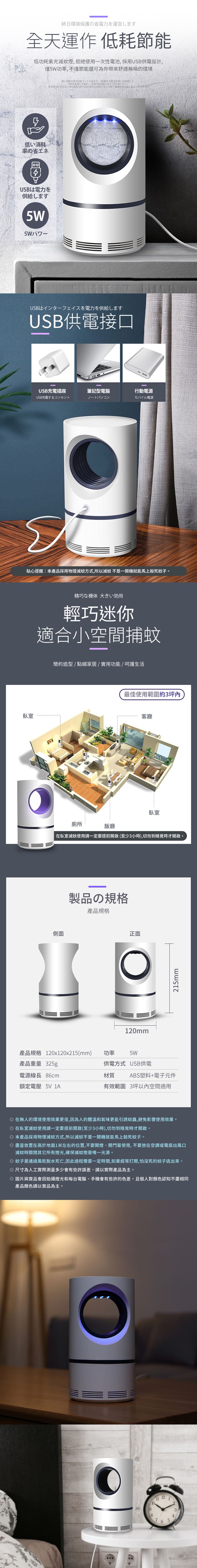 終日環境保護省運営し全天運作 低耗節能低功耗紫光滅蚊燈,拒絕使用一次性,採用USB供電設計,僅5W功率,不僅節能還可為你帶來舒適無噪的環境心低い消耗率省エネUSB電力し5W電池使いを電力を供給しますしてののためになるがますUSBはインターフェイスを電力を供給しますUSB供電接口USB充電插座筆記型電腦行動電源USB充電ノートパソコンモバイル電源貼心提醒:本產品採用物理滅蚊方式,所以滅蚊不是一開機就能馬上殺死蚊子。精巧な機体 大きい効用輕巧迷你適合小空間捕蚊簡約造型/點綴家居/實用功能/呵護生活廁所飯廳最佳使用範圍約3坪客廳臥室在臥室滅蚊使用請一定要提前開啟(至少3小時),切勿到睡覺時才開啟。製品の規格產品規格側面正面20mm產品規格120x120x215(mm) 功率產品重量 325g5W供電方式 USB供電ABS塑料+電子元件有效範圍 3坪以內空間適用電源線長 86cm額定電壓 5V 材質215mm在無人的環境使用效果更佳,因為人的體溫和氣味更能引誘蚊蟲,避免影響使用效果。在臥室滅蚊使用請一定要提前開啟(至少3小時),切勿到睡覺時才開啟。本產品採用物理滅蚊方式,所以滅蚊不是一開機就能馬上殺死蚊子。盡量放置在高於地面1米左右的位置,不要開燈、開門窗使用,不要放在空調或電扇出風口滅蚊時關閉其它所有燈光,確保滅蚊燈是唯一光源。 蚊子是通過風乾脫水死亡,因此過程需要一定時間,如果經常打開,怕沒死的蚊子逃出來。◎尺寸為人工實際測量多少會有些許誤差,請以實際產品為主。◎圖片與實品會因拍攝燈光和每台電腦、手機會有些許的色差,且個人對顏色認知不盡相同產品顏色請以實品為主。 12 18765