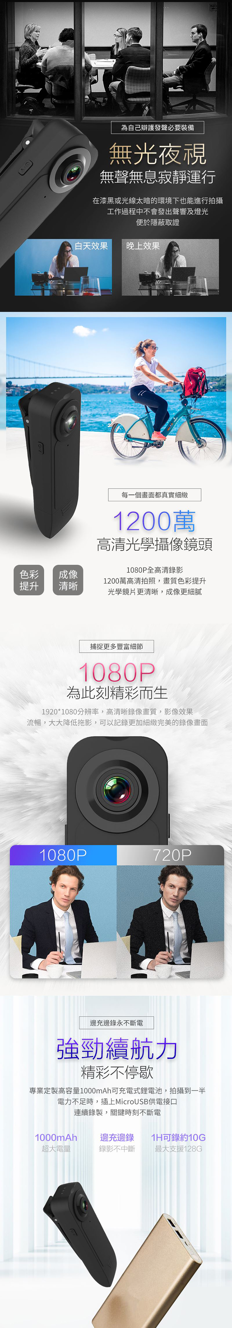 色彩成像提升清晰為自己辯護發聲必要裝備無光夜視無聲無息寂靜運行在漆黑或光線太暗的環境下也能進行拍攝工作過程中不會發出聲響及燈光便於隱蔽取證白天效果晚上效果每一個畫面都真實細緻1200萬高清光學攝像鏡頭1080P全高清錄影1200萬高清拍照,畫質色彩提升光學鏡片更清晰,成像更細膩捕捉更多豐富細節1080P為此刻精彩而生1920*1080分辨率,高清晰錄像畫質,影像效果流暢,大大降低拖影,可以記錄更加細緻完美的錄像畫面1080P720P邊充邊錄永不斷電強勁續航力精彩不停歇專業定製高容量1000mAh可充電式鋰電池,拍攝到一半電力不足時,插上MicroUSB供電接口連續錄製,關鍵時刻不斷電1000mAh邊充邊錄 1H可錄約10G超大電量錄影不中斷最大支援128G