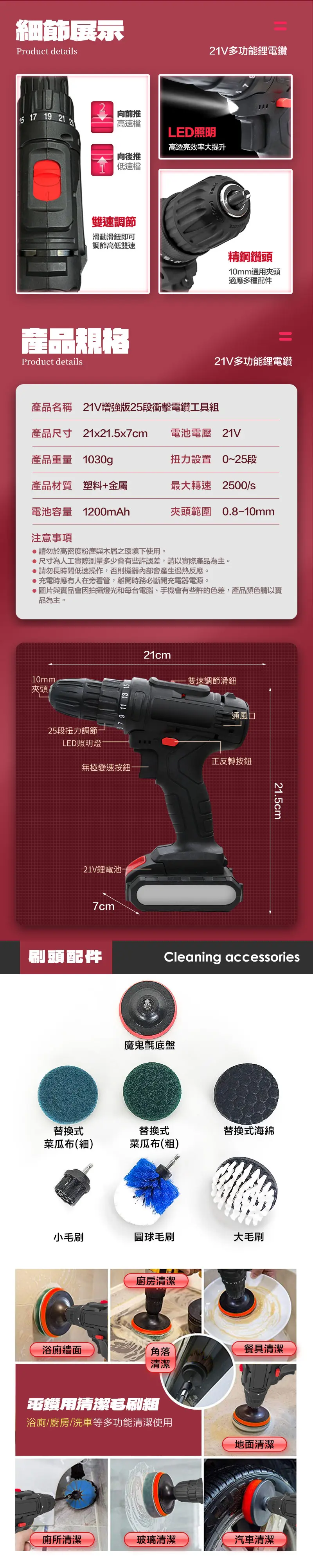 細節展示Product details 17 19 21向前推高速檔向後推低速檔多功能鋰電鑽LED照明高透亮效率大提升雙速調節滑動滑鈕即可調節高低雙速精鋼鑽頭10mm通用夾頭適應多種配件產品規格Product details21V多功能鋰電鑽產品名稱 21V增強版25段衝擊電鑽工具組產品尺寸 21x21.5x7cm電池電壓 21V產品重量 1030g扭力設置 0~25段產品材質 塑料+金屬最大轉速 2500/s電池容量 1200mAh夾頭範圍 0.810mm注意事項請勿於高密度粉塵與木屑之環境下使用。尺寸為人工實際測量多少會有些許誤差,請以實際產品為主。請勿長時間低速操作,否則機器內部會產生過熱反應。充電時應有人在旁看管,離開時務必斷開充電器電源。 圖片與實品會因拍攝燈光和每台電腦、手機會有些許的色差,產品顏色請以實品為主。10mm夾頭25段扭力調節21cmLED照明燈-無極變速按鈕21V鋰電池7cm雙速調節滑鈕通風口正反轉按鈕21.5cm刷頭配件Cleaning accessories魔鬼氈底盤替換式菜瓜布(細)替換式替換式海綿菜瓜布(粗)小毛刷圓球毛刷大毛刷廚房清潔浴廁牆面角落餐具清潔清潔電鑽用清潔毛刷組浴廁/廚房/洗車等多功能清潔使用地面清潔廁所清潔玻璃清潔汽車清潔