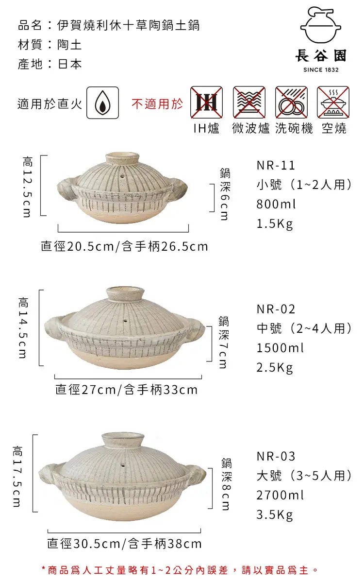 日本長谷園伊賀燒】伊賀燒利休十草陶鍋土鍋1-2人(800ml)－小樹購